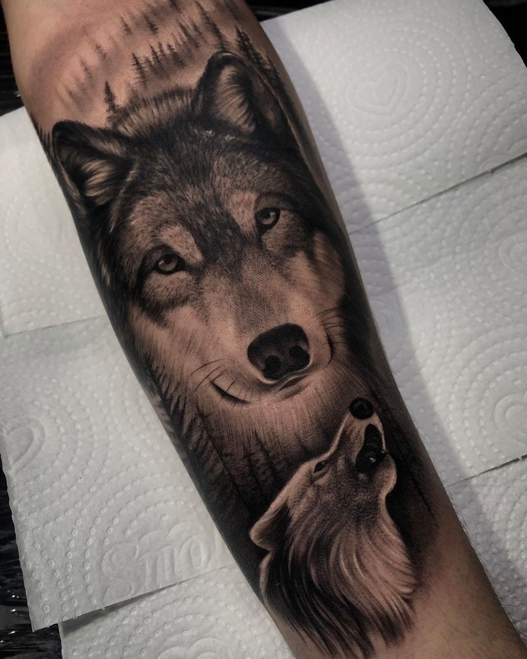 1fbyimiwonao-b0yhag2xtw Tatuagem de lobos realista em um braço, com detalhes de paisagem ao fundo.