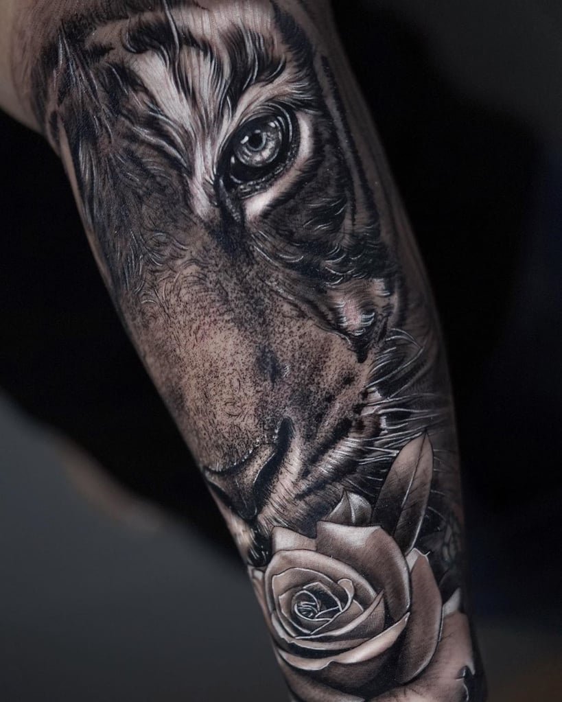 w819-47 Tatuagem detalhada de um tigre ao lado de uma rosa em preto e cinza no braço de uma pessoa.
