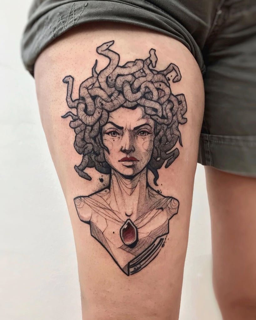 w819-96 Tatuagem de figura mitológica com cabelo de serpentes e expressão séria na coxa de uma pessoa.
