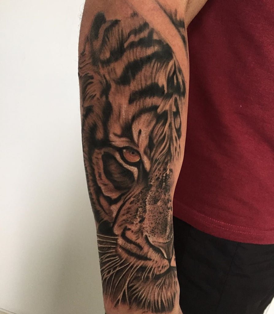 w893-1 Braço com tatuagem detalhada de tigre, mostrando o rosto do animal em estilo realista.