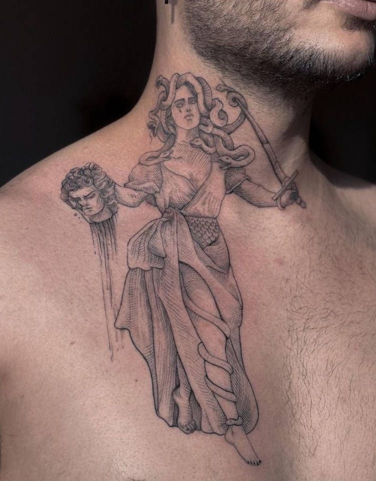 Tatuagem masculina de medusa no pescoço Tatuagem de Medusa com ela matando Poseidon