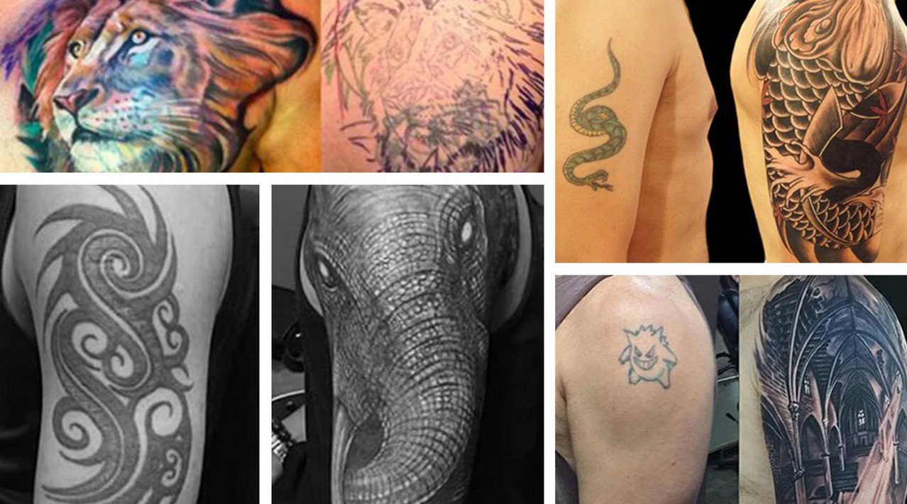 montagem com antes e depois de tatuagens que foram cobertas - Cover-up montagem com antes e depois de tatuagens que foram cobertas - Cover-up