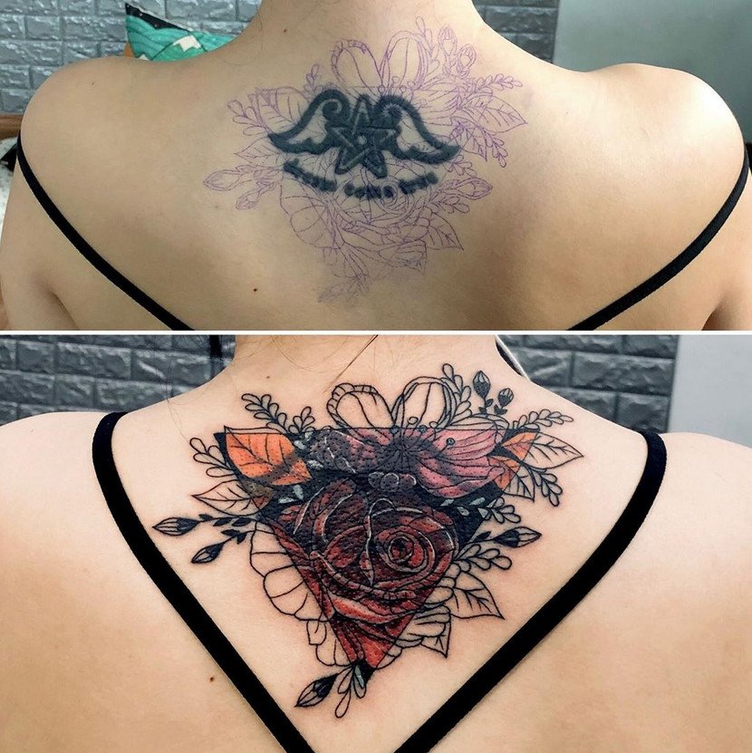 Antes e depois de cobrir tatuagem nuca feminina anjo coberto com flores Antes e depois de cobrir tatuagem nuca