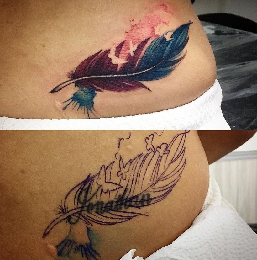 Cobertura de tatuagem antes e depois com nome sendo coberto por pena Cobertura de tatuagem antes e depois com nome sendo coberto por pena