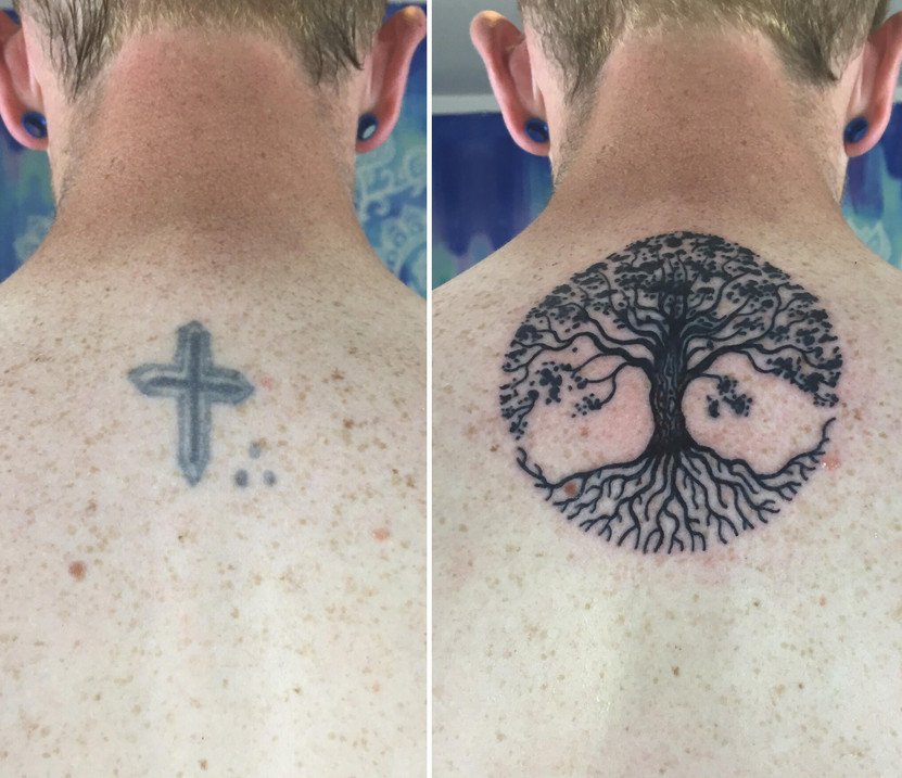 cobrir tatuagem antes e depois nuca masculina - cruz transformada em árvore cobrir tatuagem antes e depois nuca
