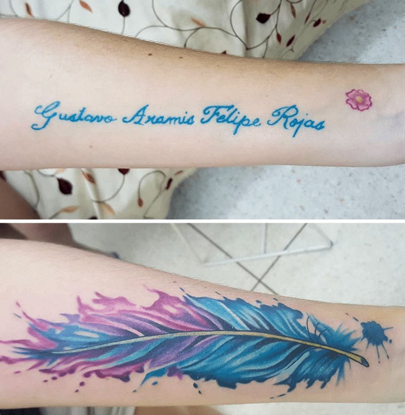 Cobrir tatuagem antes e depois - Frase coberta com pena na tecnica cover-up Cobrir tatuagem - Frase coberta com pena na tecnica cover-up