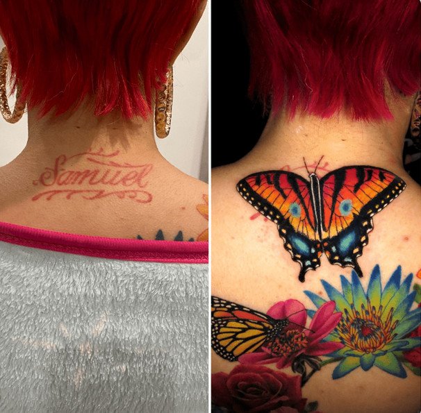 antes e depois de cobertura de tatuagem na nuca feminina, nome coberto por flores e borboleta. antes e depois de cobertura de tatuagem na nuca: também temos um nome que foi coberto por flores e borboleta.