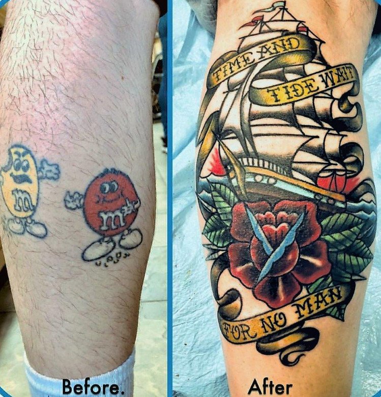 Cobrir tatuagem - montagem de antes e depois de tatuagem masculina que foi coberta Cobrir tatuagem - montagem de antes e depois de tatuagem masculina que foi coberta