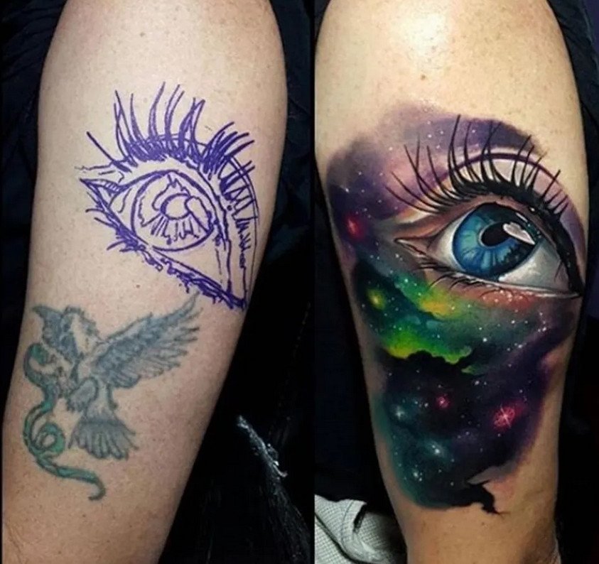 imagem de como cobrir tatuagem no braço - Águia coberta por olho imagem de como cobrir tatuagem no braço