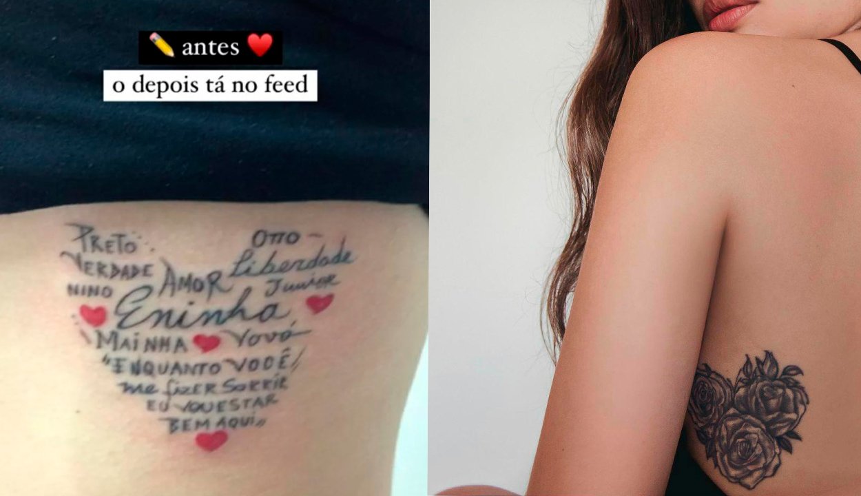 Cobertura de tatuagem - Duas imagens lado a lado da tatuagem na costela de Juliette Freire com antes e depois do Cover-up Duas imagens lado a lado da tatuagem na costela de Juliette Freire com antes e depois do Cover-up