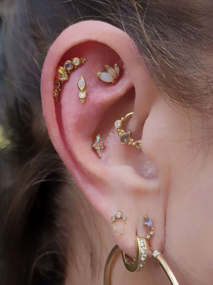 Orelha com piercing na hélix, scapha, rook, daith, conch e lóbulo, todos em dourado e em formatos de gotas
