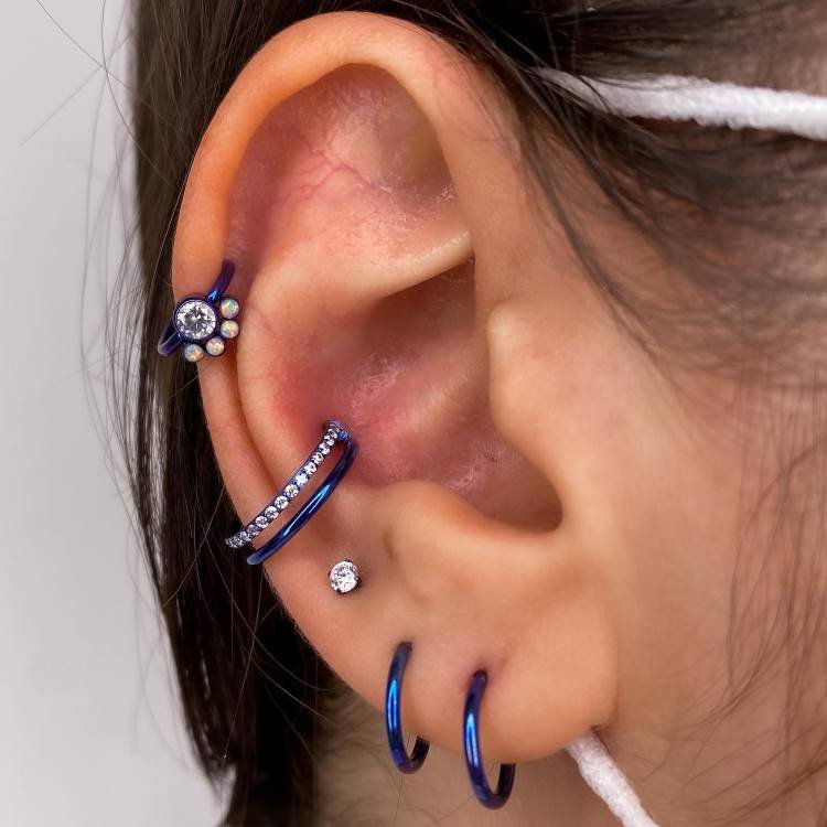 Projeto auricular anodizado em azul, com piercing na argola no hélix, argola no conch e argolas no lóbulo.