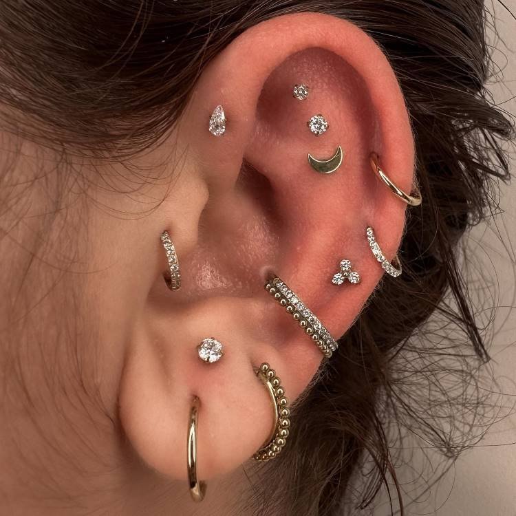 Orelha com diversos piercings em dourado, como brinco sno lóbulo, hélix, anti hélix, tragus, conch e scapha.