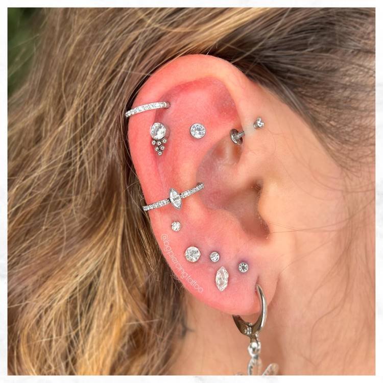 Projeto auricular em prata, com piercings no anti hélix, hélix, scapha, conch e lóbulo.