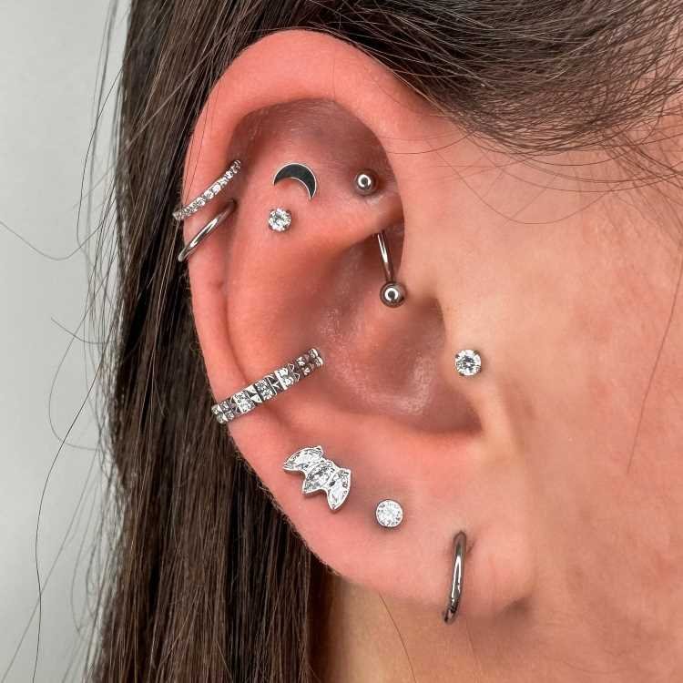 Projwto auricular com piercings no rook, scapha, duplo hélix, tragus, conch e lóbulo.