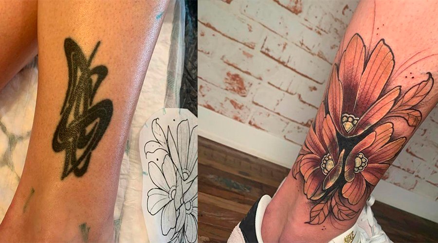 Tatuagem no tornozelo Tatuagem de um símbolo preto no tornozelo, coberta pela tatuagem de flores coloridas.
