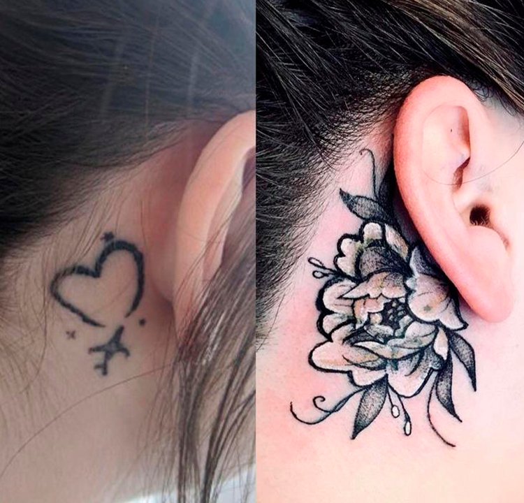 Antes e depois de tattoo atrás da orelha. Coração subtituido por ramalhete de flores Duas imagens lado a lado. A primeira de uma tatuagem de um coração completo com um avião na ponta atrás da orelha de uma pessoa. A segunda é dessa mesma pessoa, com uma tatuagem de flor cobrindo a do coração, atrás da orelha da pessoa.