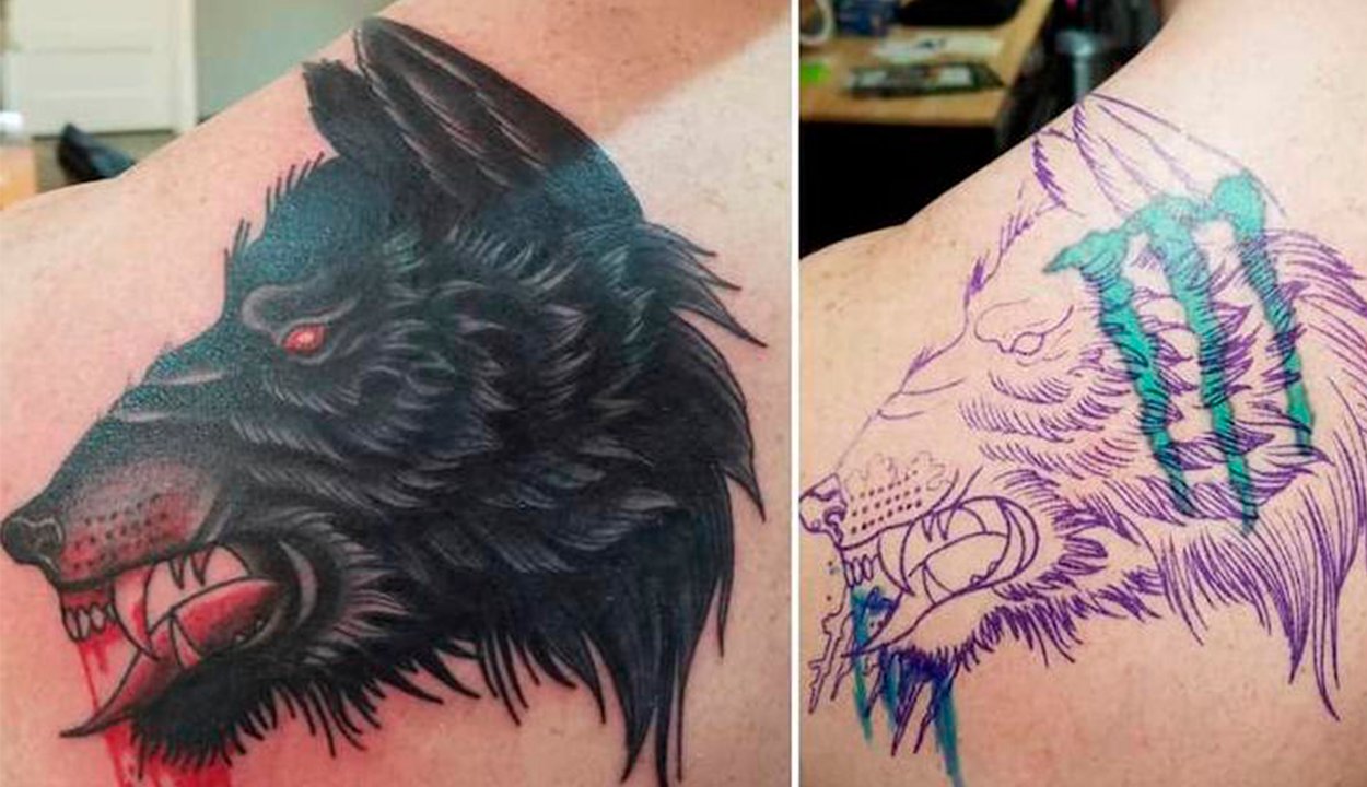 Cobertura de tatuagem grande e escura Depois e antes da cobertura de uma tatuagem de garras verdes. A tatuagem nova é a cabeça de um lobo preta.
