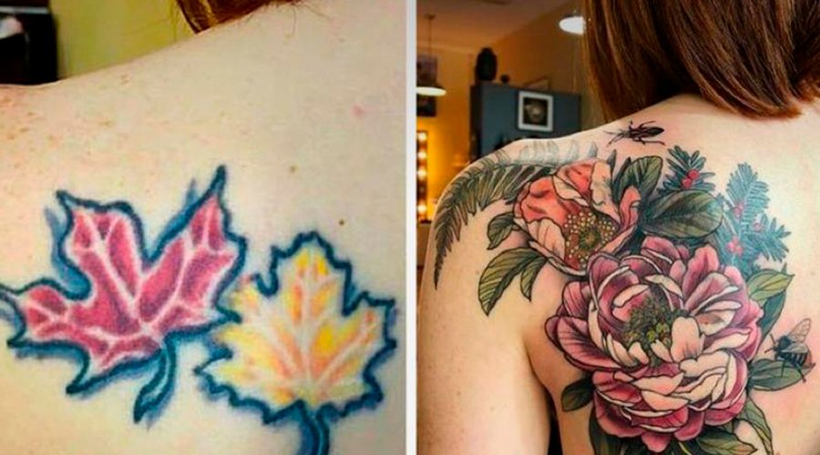 Tatuagem grande Tatuagem nas costas. A cobertura foi feita em uma tatuagem de duas folhas coloridas, a tatuagem nova é de duas flores coloridas grandes.