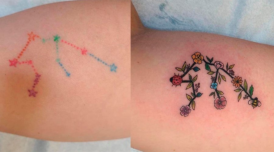 Cobertura de tatuagem colorida Duas fotos lado a lado. A primeira imagem é do braço de alguém com a tatuagem colorida de uma constelação. A segunda é uma tatuagem do formato da das constelações, mas cheia de flores e insetos coloridos.