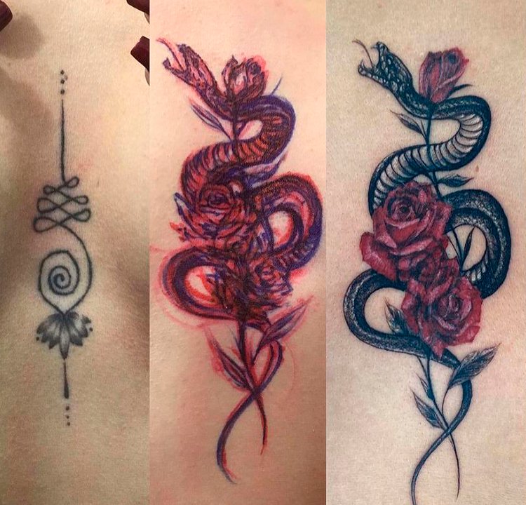 Cobertura de tatuagem Três imagens do processo de cobertura de uma tatuagem fina de um símbolo. A segunda imagem é do esboço da nova tatuagem em vermelho. A última imagem é da tatuagem nova de uma cobra enrolada em várias rosas vermelhas.
