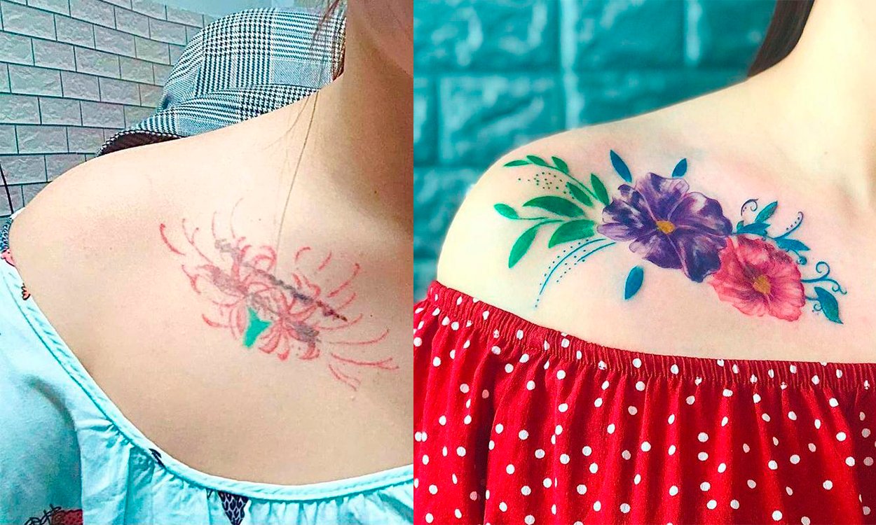 Tatuagem colorida na clavícula Antes de depois de uma cobertura de uma tatuagem na clavícula. A tatuagem nova é uma de uma flor roxa, e a da outra rosa cercadas de folhas.