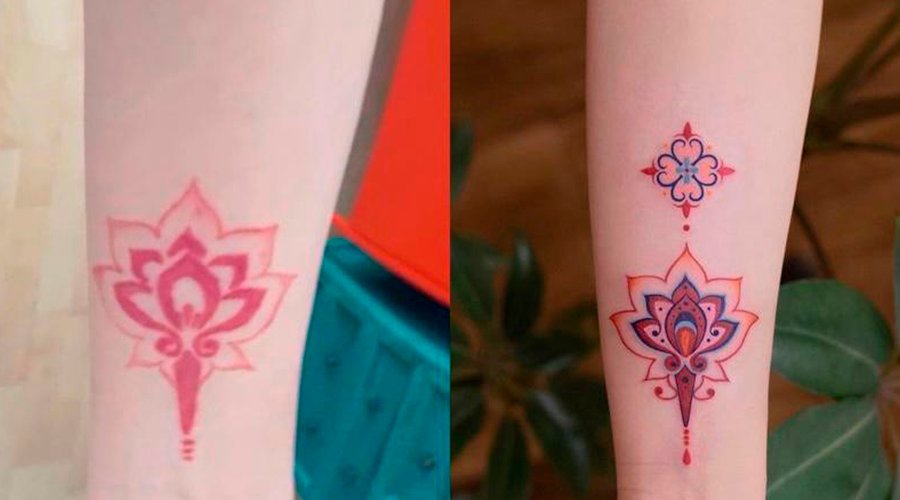 Cobertura de tatuagem no braço Cobertura de uma tatuagem de um símbolo em vermelho, por uma do mesmo símbolo mas mais colorido e intenso.