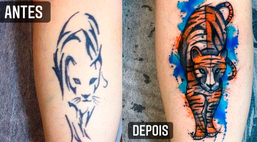 Antes e depois de uma tatuagem cover-up Duas fotos lado a lado. A primeira do outline de um felino feito em tinta preta. Na segunda foto é o mesmo outline, mas foi aproveitado pelo artista para fazer a tatuagem de um tigre colorido.