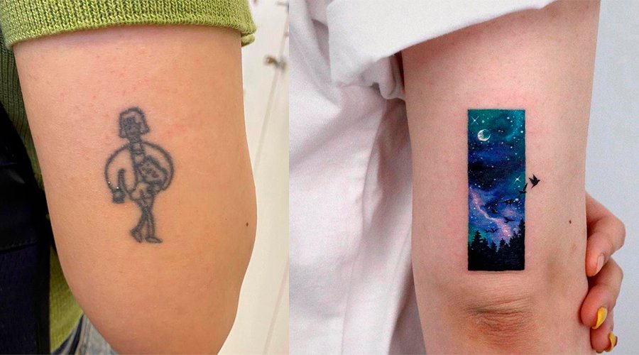 Tatuagem no braço Duas fotos da parte de trás do braço de alguém. Na primeira a pessoa tem uma tatuagem desbotada de um bonequinho. Na segunda essa tatuagem está coberta por uma tatuagem de uma paisagem a noite, colorida.