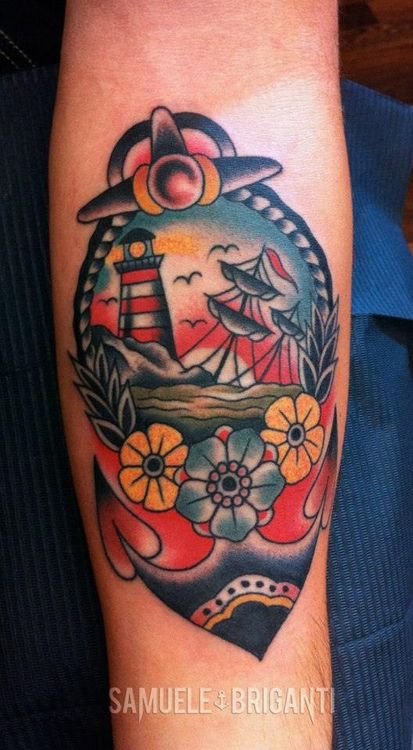 Ttaugem de paisagem náutica com mar, barcos e farol em âncora enfeitada com flores, tudo no estilo Old School